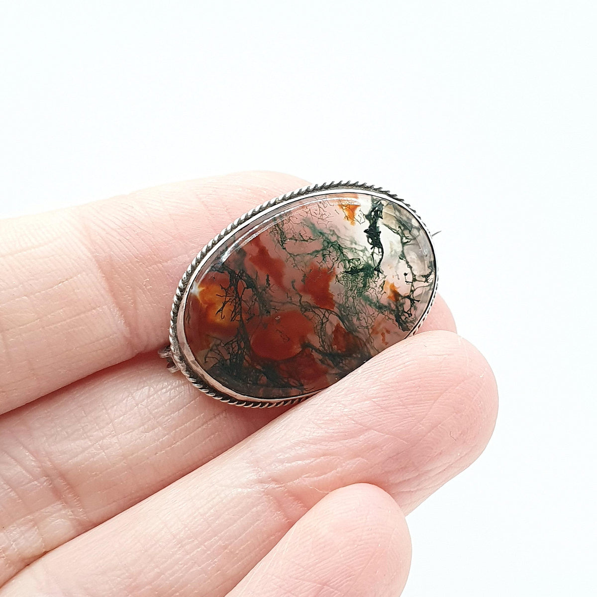 Antique Solid Silver Moss Agate Brooch Natural Gemstone Veined Oval Cut Vintage Rare Gemstone Ladies Womens Jewelry Jewellery