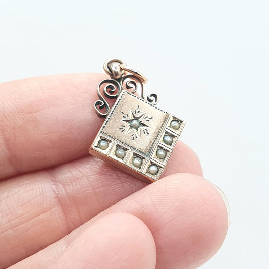 Antique Victorian Rose Rolled Gold Seed Pearl Pendant Star Centre Tilted Square Celestial Womens Jewelry Vintage Jewellery