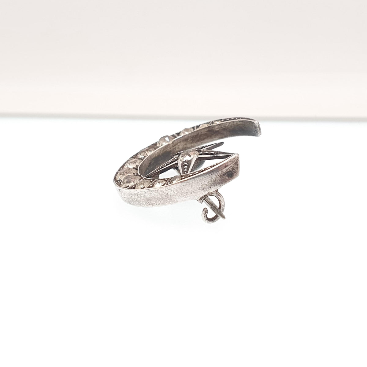 Antique Victorian Crescent Moon & Star Solid Silver Brooch Pin Diamond Paste Vintage Celestial 1800s Jewellery Jewelry