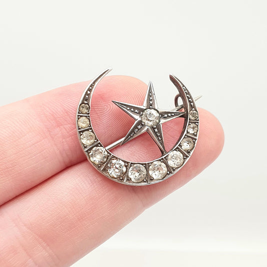Antique Victorian Crescent Moon & Star Solid Silver Brooch Pin Diamond Paste Vintage Celestial 1800s Jewellery Jewelry