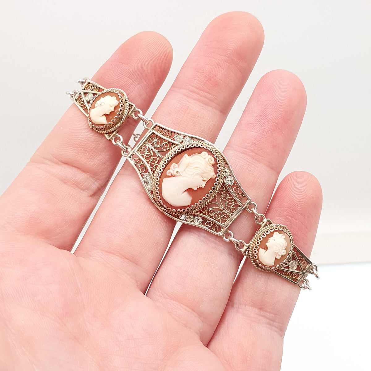 Old Vintage Solid Silver Cameo Bracelet Filigree 800 Handmade Italian 1950s Hand Carved Shell Artisan Womens Jewelry Jewellery