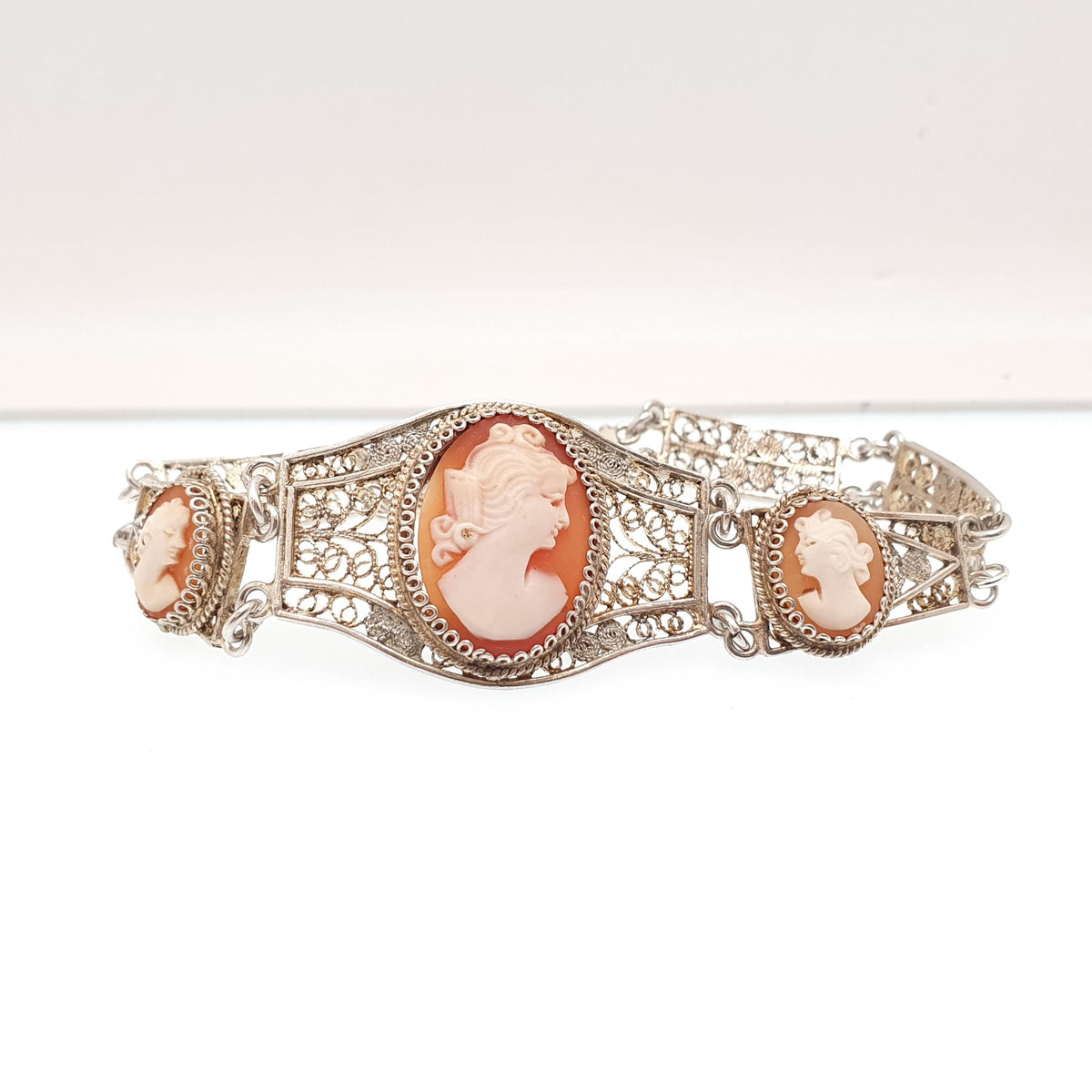 Old Vintage Solid Silver Cameo Bracelet Filigree 800 Handmade Italian 1950s Hand Carved Shell Artisan Womens Jewelry Jewellery