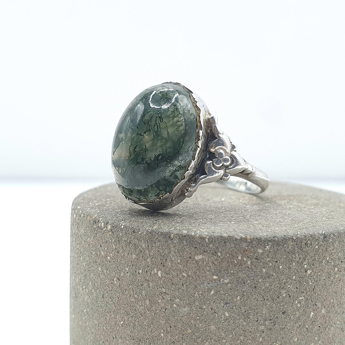 Antique Victorian Solid Silver Moss Agate Ring Art Nouveau Veined Quartz Solitaire Cabochon UK N.5 US 7 Womens Jewellery Jewelry