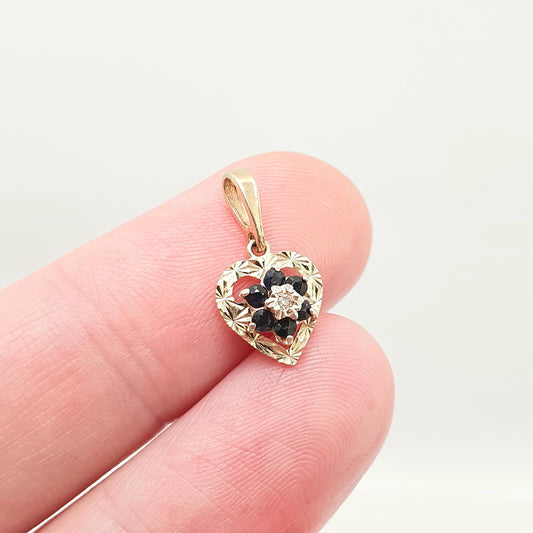 Vintage 9k 9ct Gold Sapphire & Diamond Necklace Heart Pendant Cluster Small Solid 375 9kt Yellow Cute Womens Jewelry Retro Jewellery