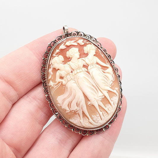 Antique Solid Silver Three Graces Cameo Pendant Necklace Brooch Marcasite Goddess Mythology Pendant Necklace Vintage Jewelry Jewellery