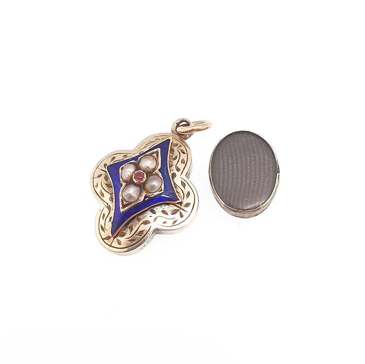 Antique 9ct Gold Pearl Enamel Locket Pendant Victorian Blue Kite Shape Ruby Paste Necklace Photo Picture Womens Jewelry Jewellery