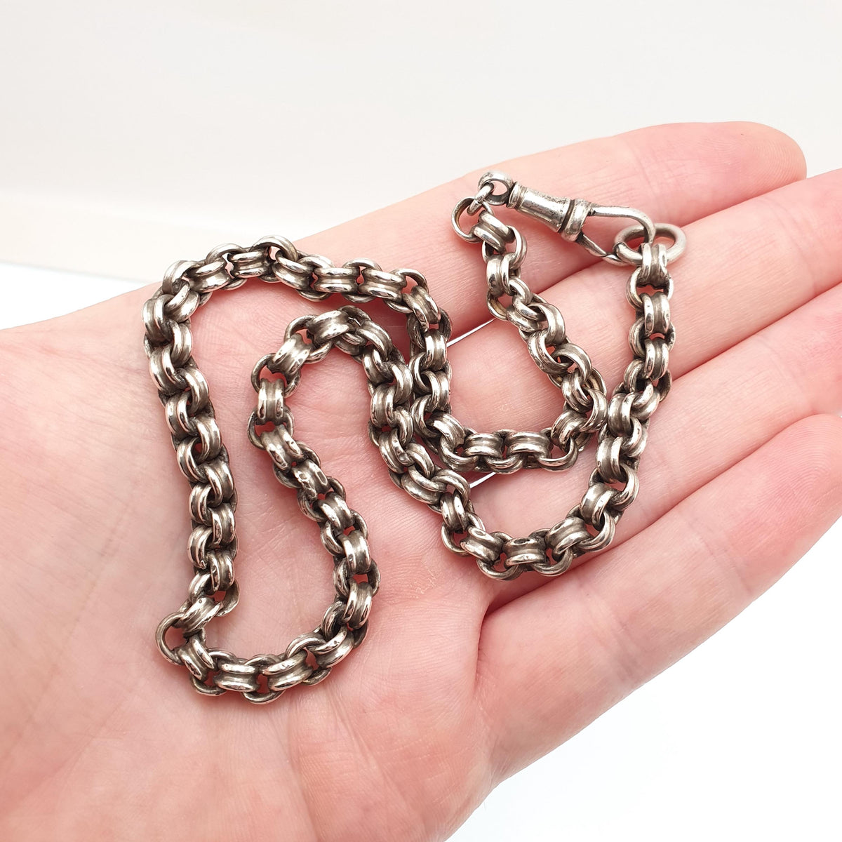 Antique Victorian Sterling Silver Belcher Chain Necklace 39cm 15.3" 16.45g Crimped Rolo Link Dog Clip Choker 1800s Vintage Womens