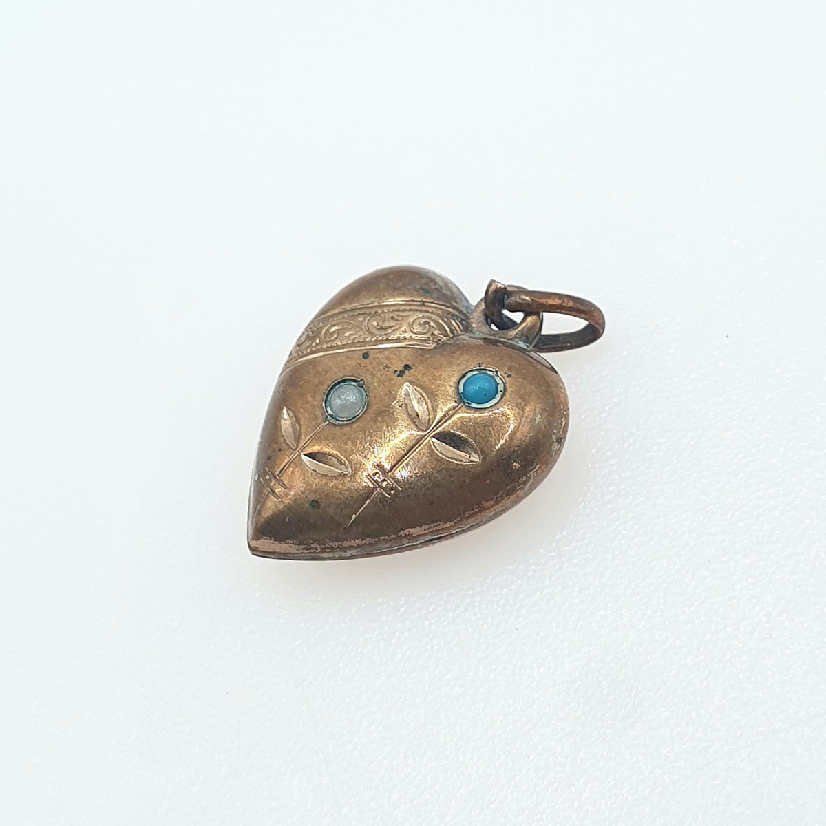 Antique Victorian Faux Turquoise & Pearl Puffer Heart Pendant Gold Tone Base Metal Flower Love Romantic Womens Jewelry Vintage Jewellery