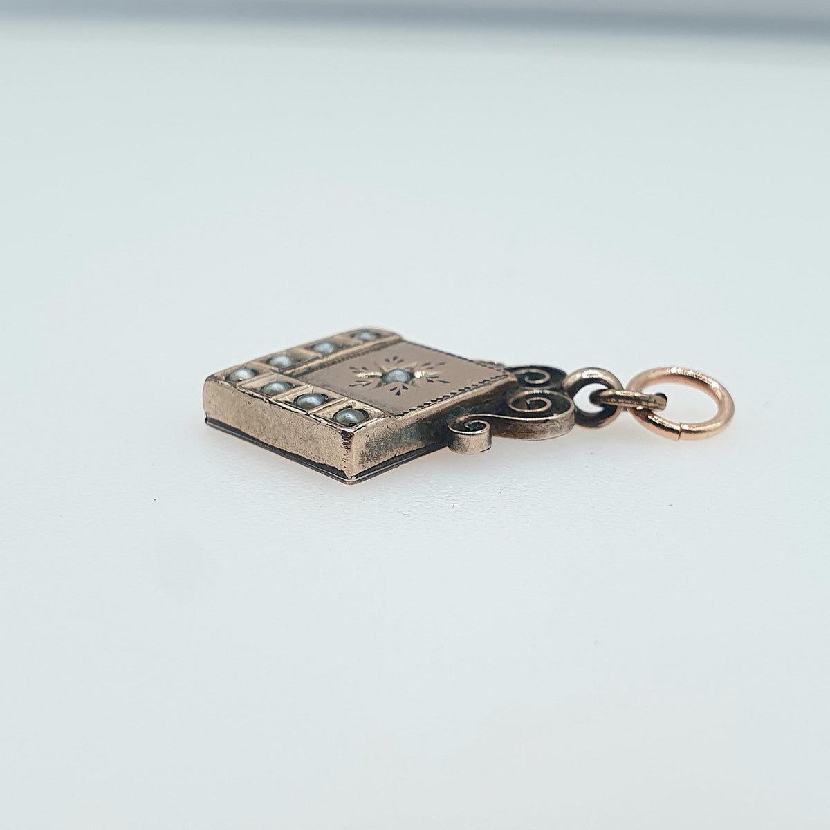 Antique Victorian Rose Rolled Gold Seed Pearl Pendant Star Centre Tilted Square Celestial Womens Jewelry Vintage Jewellery