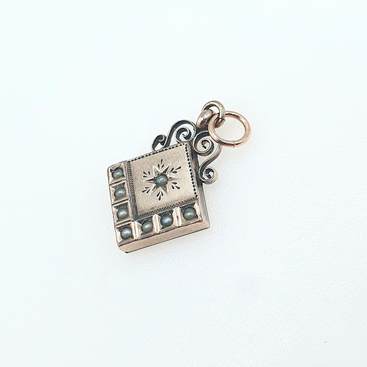 Antique Victorian Rose Rolled Gold Seed Pearl Pendant Star Centre Tilted Square Celestial Womens Jewelry Vintage Jewellery