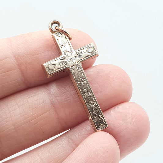 Antique Rolled Gold Crucifix Cross Pendant Necklace Flower Hand Engraved Gold Filled Necklace Catholic Christian Jewelry Jewellery