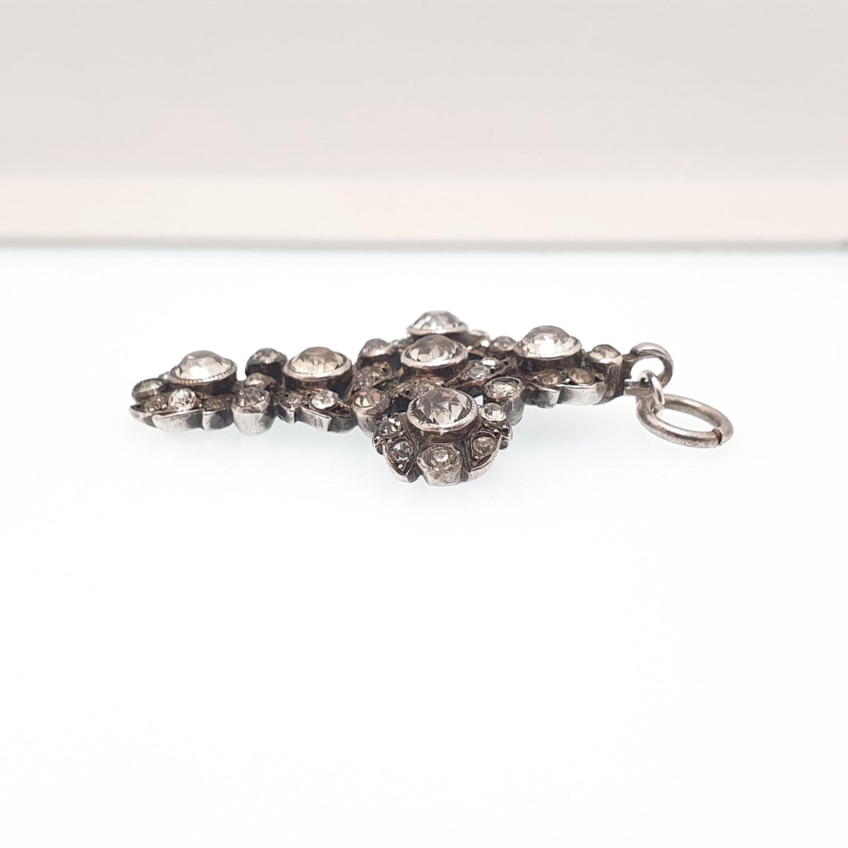 Antique Solid Silver Diamond Paste Crucifix Pendant Cross Necklace Victorian 1800s Georgian Revival Foiled Pastes Jewellery Jewelry
