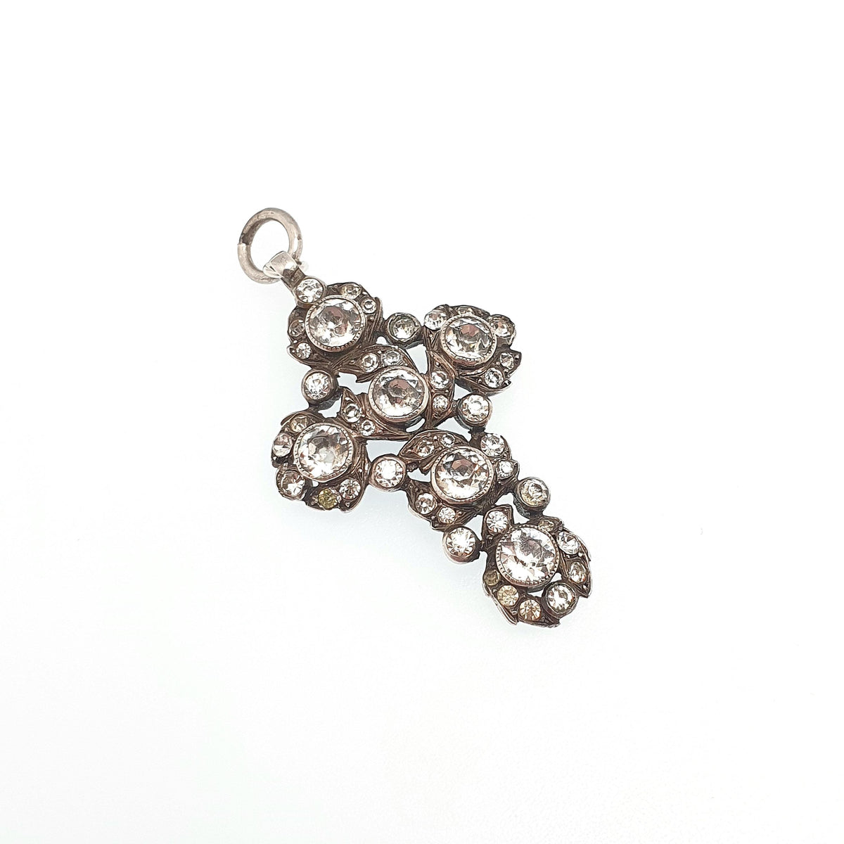Antique Solid Silver Diamond Paste Crucifix Pendant Cross Necklace Victorian 1800s Georgian Revival Foiled Pastes Jewellery Jewelry