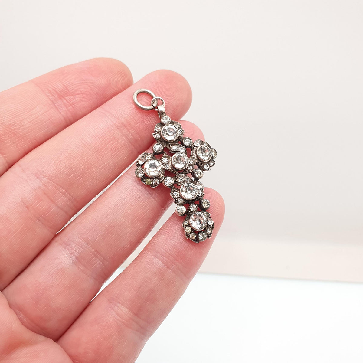 Antique Solid Silver Diamond Paste Crucifix Pendant Cross Necklace Victorian 1800s Georgian Revival Foiled Pastes Jewellery Jewelry