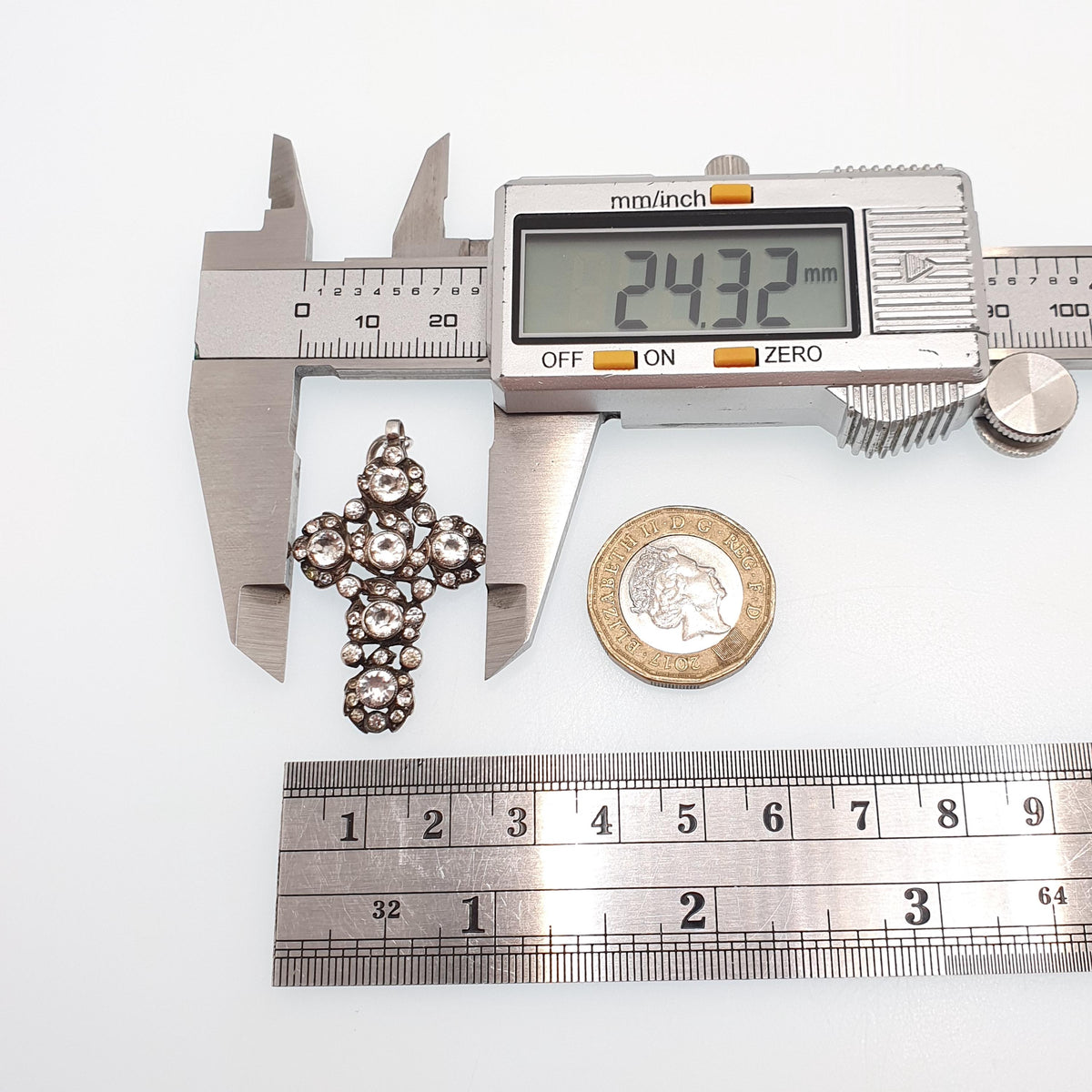Antique Solid Silver Diamond Paste Crucifix Pendant Cross Necklace Victorian 1800s Georgian Revival Foiled Pastes Jewellery Jewelry