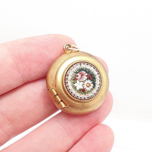 Antique Victorian Fine Micromosaic Locket Pillbox Pendant Necklace Gold Gilt Micro Mosaic Vintage Womens Jewelry Jewellery