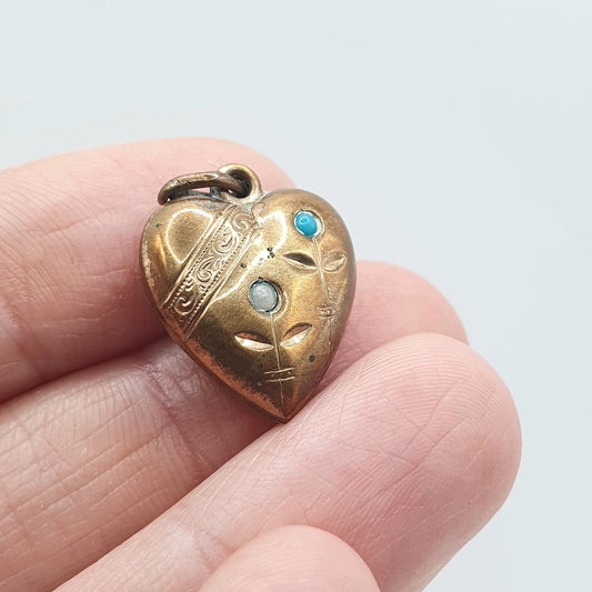 Antique Victorian Faux Turquoise & Pearl Puffer Heart Pendant Gold Tone Base Metal Flower Love Romantic Womens Jewelry Vintage Jewellery